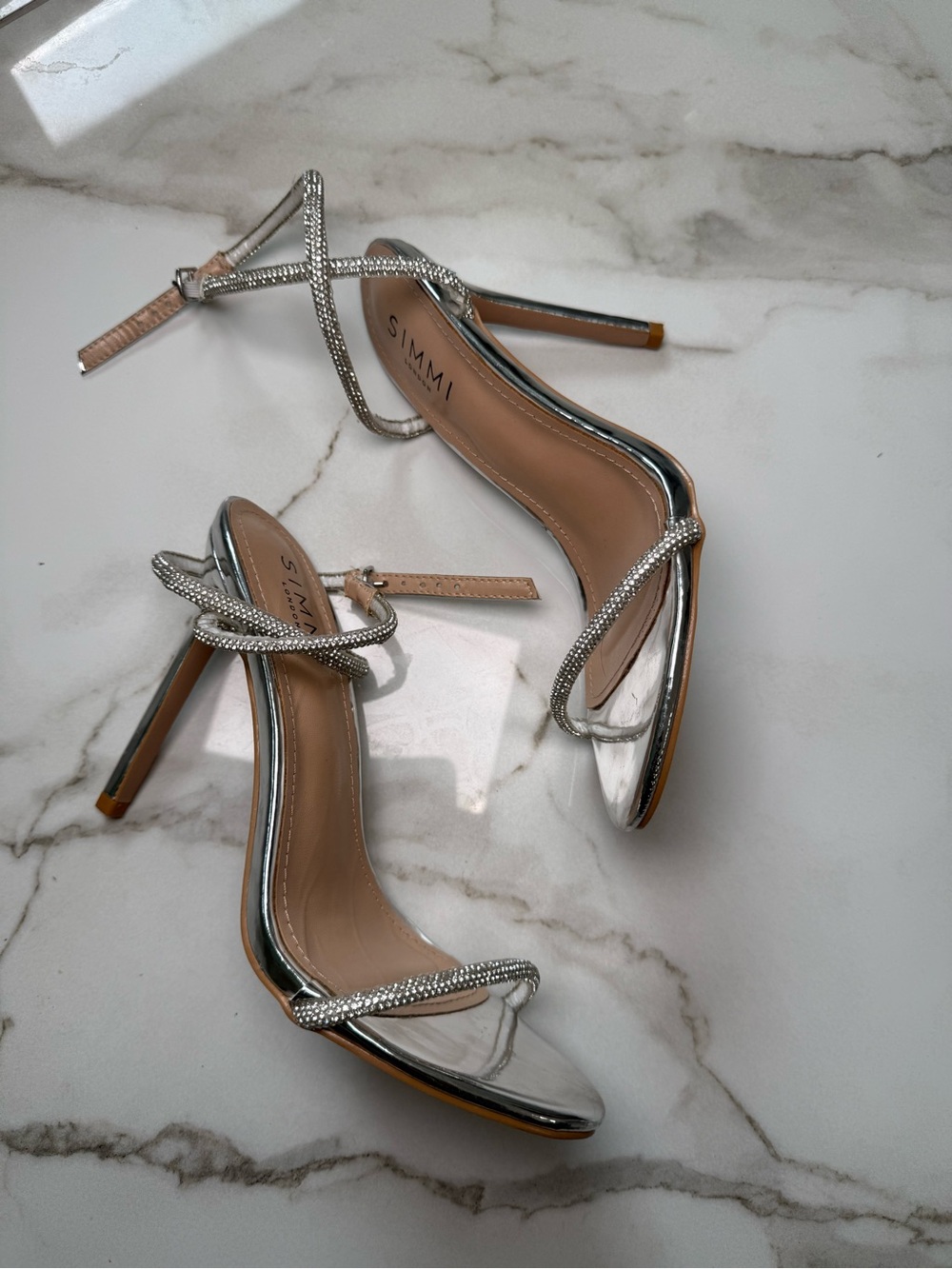 Silver Rhinestone Strap Stiletto Sandals